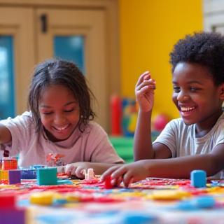 Kinderen in een creatieve speelruimte met verf en bouwblokken